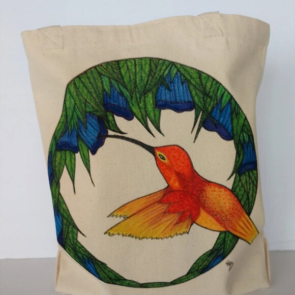 Hand-Painted Hummingbird Tote Bag : Floral Garden Reusable Canvas Bag  NWT - Picture 4 of 15